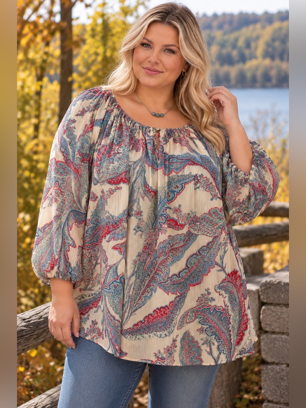 Chaps 3X Paisley Peasant Blouse Plus Size Boho Fall Balloon Sleeve